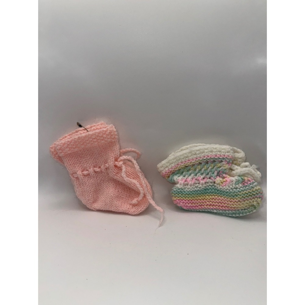 Vintage Handmade Knit Baby Booties Set Pink and Pastel Rainbow Variegated 2 Pair